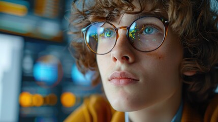Curious young boy in round glasses viewing virtual data projections in a futuristic interface
