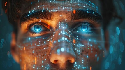 Detailed close-up of a young man's face with blue digital overlays across his vision, emphasizing futuristic tech
