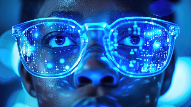 Close-up of an African-American man wearing futuristic blue glasses with digital overlays reflecting in the lenses
