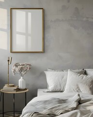 golden frame mockup, placed on the wall of an empty bedroom 