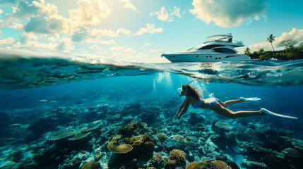 Girl Snorkeling Near a Yacht on a Tropical Reef
