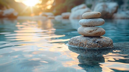 The photo shows a stack of smooth, round stones balanced on top of each other, sitting in the shallow edge of a body of water