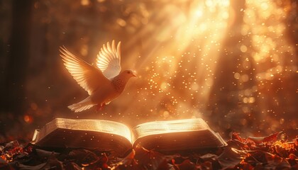 A white dove is flying over an open book by AI generated image