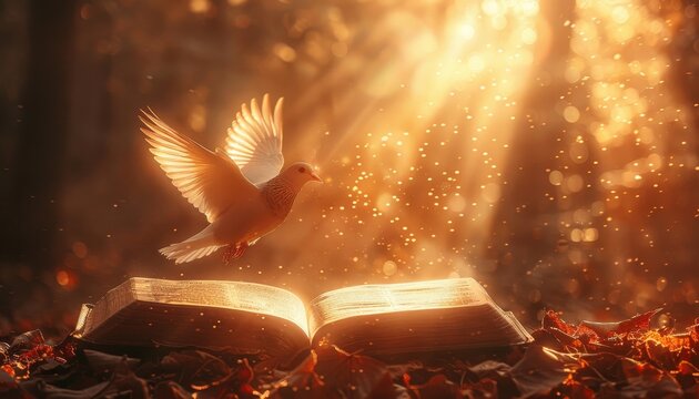 A white dove is flying over an open book by AI generated image - Powered by Adobe