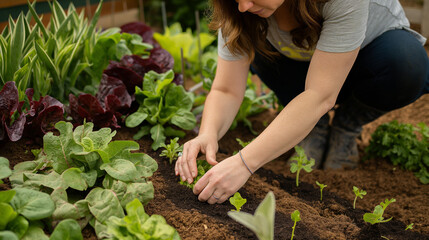Fototapeta premium woman gardening on sunny urban rooftop. Farmer hands planting to soil seeds in the vegetable garden. Organic farming and spring gardening concept