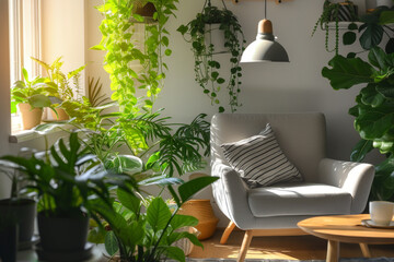 Stylish living room interior. Cozy corner of room for relaxation with gray armchair, wooden coffee table and lush indoor plants to purify the air