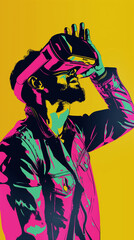 IT geek working on virtual reality, pop art retro illustration. Hacker cyber specialist. Retro macho businessman (man) wearing Virtual reality glasses (VR interface)
