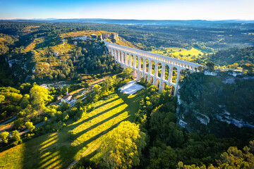 Roquefavour stone Aqueduct in green landscape panoramic aerial  view