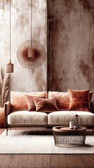 A beautiful interior design of a living room with a copper and terracotta sofa, a brown concrete wall background