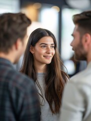 business people talking in an office. The woman has long hair. she is smiling as she looks at her male colleagues while they talk. They all wear casual attire. generative AI