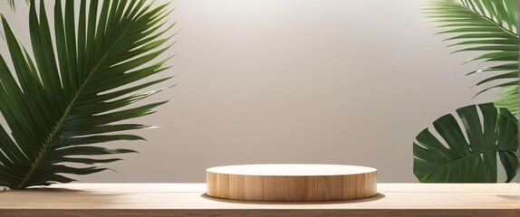 Minimal natural wood podium with green palm leaf with sunlight background. Minimal wooden stand for...