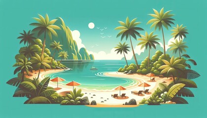 Serene Tropical Beach with Lush Palms and Gentle Waves