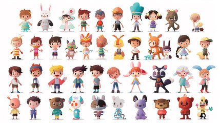 A white background with numerous cute cartoon characters standing in various poses and gestures.