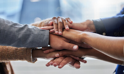 People, hands and huddle in office for teamwork, collaboration and partnership together. Sales agency, culture and group trust for success, achievement and celebration of company target or goal