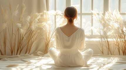 The photo shows a woman in a white dress sitting in a yoga pose in front of a window