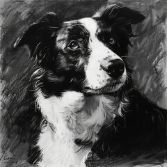 Hand drawn portrait of border collie dog. Black and white drawing