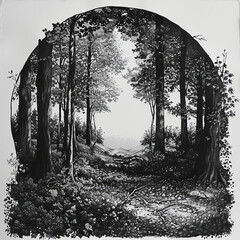 black and white image of a forest with trees in the shape of a circle