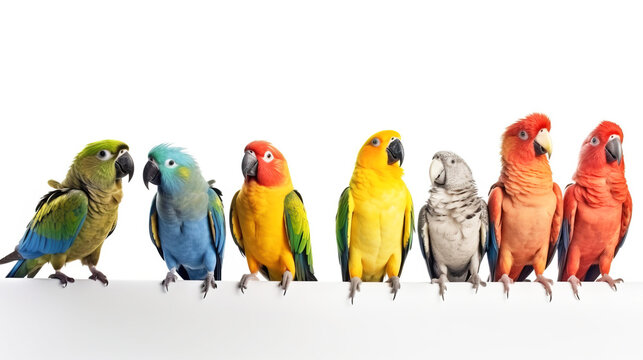 Various types of parrots are sitting in a row on a branch, white background, isolate. AI generated.