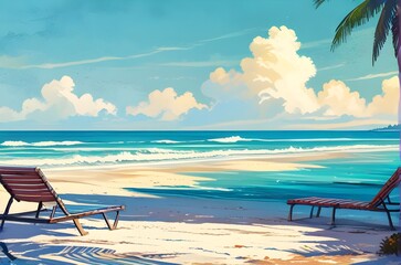 Beautiful summer seascape, romantic sunbathing scene on the beach when the tide rises on a sunny day. Illustration vector. Generative AI - obrazy, fototapety, plakaty