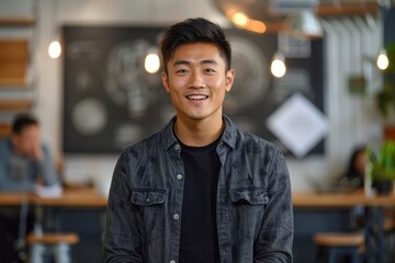 Fototapeta premium A man with a black shirt and a grey jacket is smiling. He is standing in front of a wall with a blackboard on it