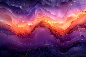 Create an image that features an abstract fluid art design. The artwork should have a sunset-inspired palette of coral pink, dusk purple, and amber, enriched by gold leaf highlights. The composition s - obrazy, fototapety, plakaty