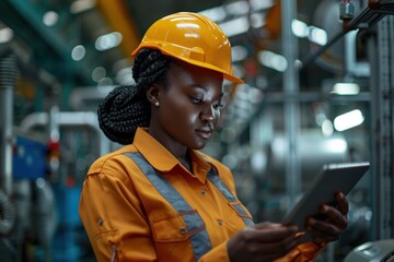 A woman wearing a yellow shirt and a hard hat is looking at a tablet