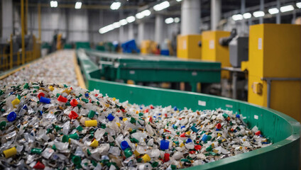 Waste Management Facility, Sorting and Processing Plastic and Paper Waste on Conveyor Assembly Line