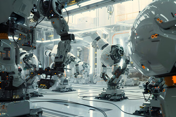 Futuristic Robotics Manufacturing Factory - Innovative High-Tech Industrial Production - obrazy, fototapety, plakaty
