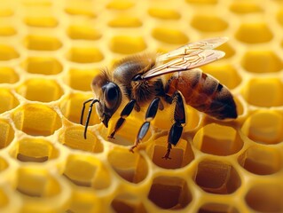 A bee is on a honeycomb. - obrazy, fototapety, plakaty