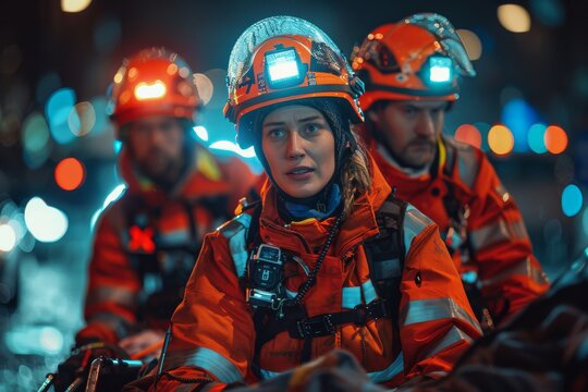 A female paramedic is focused on her job amidst a nighttime emergency response