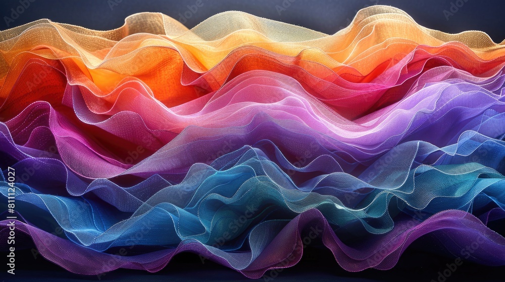 Poster a detailed capture of a textile rainbow wave of multicolored threads and fabrics on a black backgrou