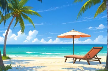Beautiful summer seascape, romantic sunbathing scene on the beach when the tide rises on a sunny day. Illustration vector. Generative AI