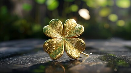 A gold four leaf clover brooch on a stone. - obrazy, fototapety, plakaty