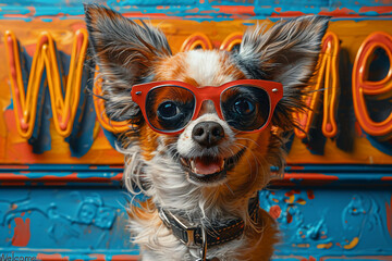 chihuahua wearing sunglasses, summer themed background, the word 