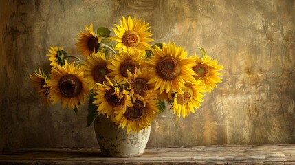 A bouquet of sunflowers arranged in a rustic vase, brightening up a room with their cheerful colors and uplifting presence.