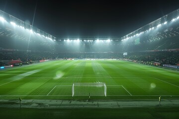A football stadium is cast in an atmospheric glow, with mist adding a dramatic effect to the sports architecture