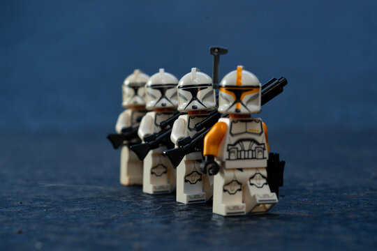 Depok, Indonesia - May 10, 2024: Lego toys photography, phase 1 clone troopers marching on planet kamino and coruscant
