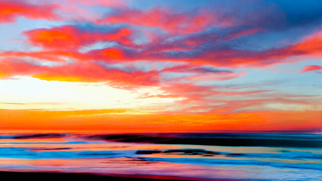 Watercolor california beach sunset, abstract 16:9 with copyspace