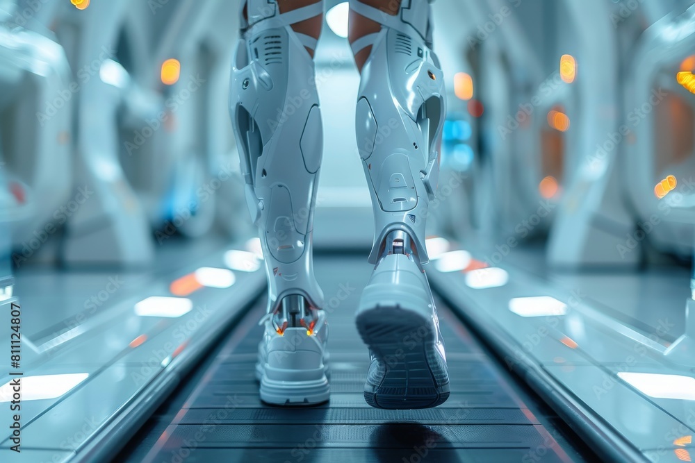Poster detailed image of a high-tech exoskeleton used for mobility enhancement on a moving walkway