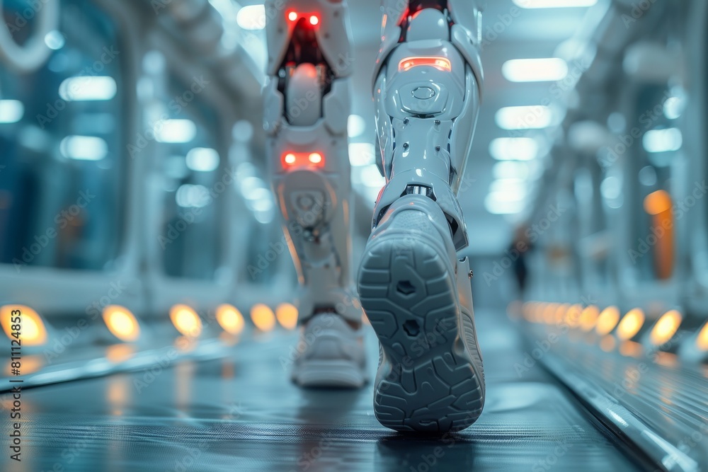 Poster a pair of robotic legs equipped with futuristic design features and illuminated elements walking ins