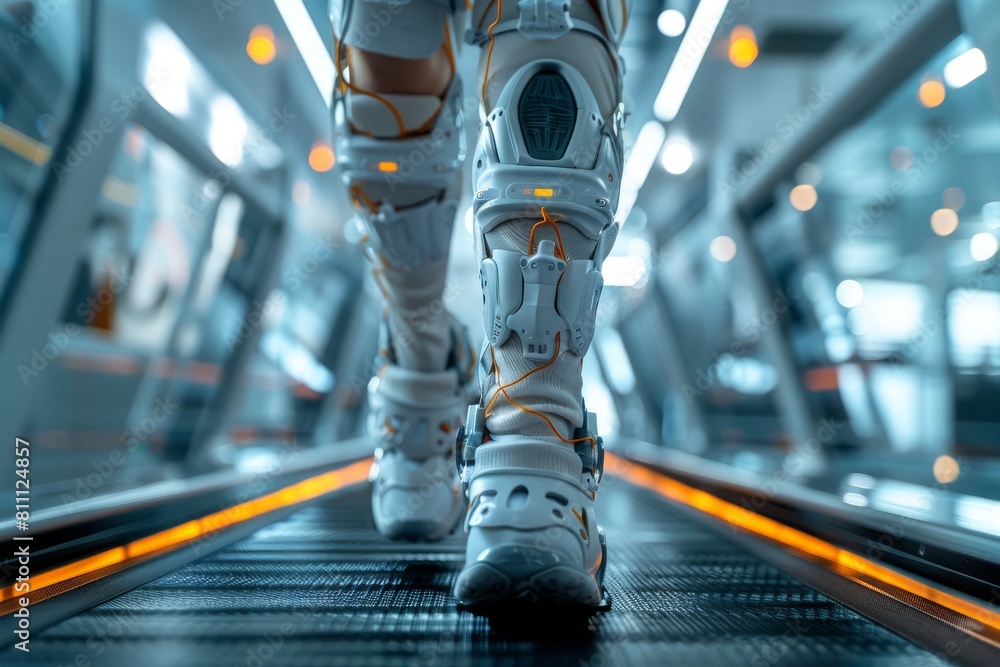 Aufkleber close-up view of advanced robotic legs with a high-tech design walking along a modern corridor, impl