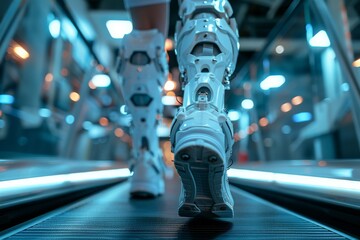 Futuristic robotic legs showcased walking on a conveyor belt in a high-tech environment