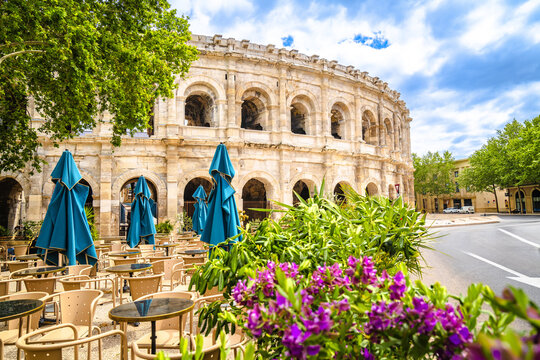 Nimes Amphitheatre historic landmark colorful street view