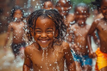 A beaming child, soaked and surrounded by water droplets, showcases pure joy and laughter