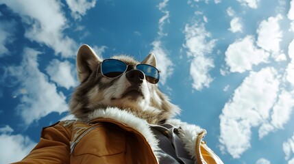 Dynamic low angle wolf portrait in fashionable sunglasses and trendy attire against a cloudy sky background Generative ai - Powered by Adobe
