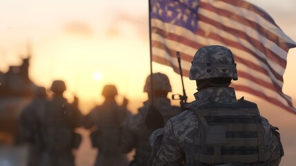 Soldiers of the US army on the background of the American flag