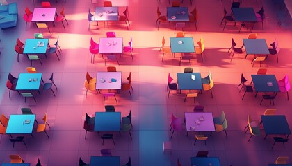 Naklejka premium Networking event layout flat design top view conference theme 3D render Analogous Color Scheme