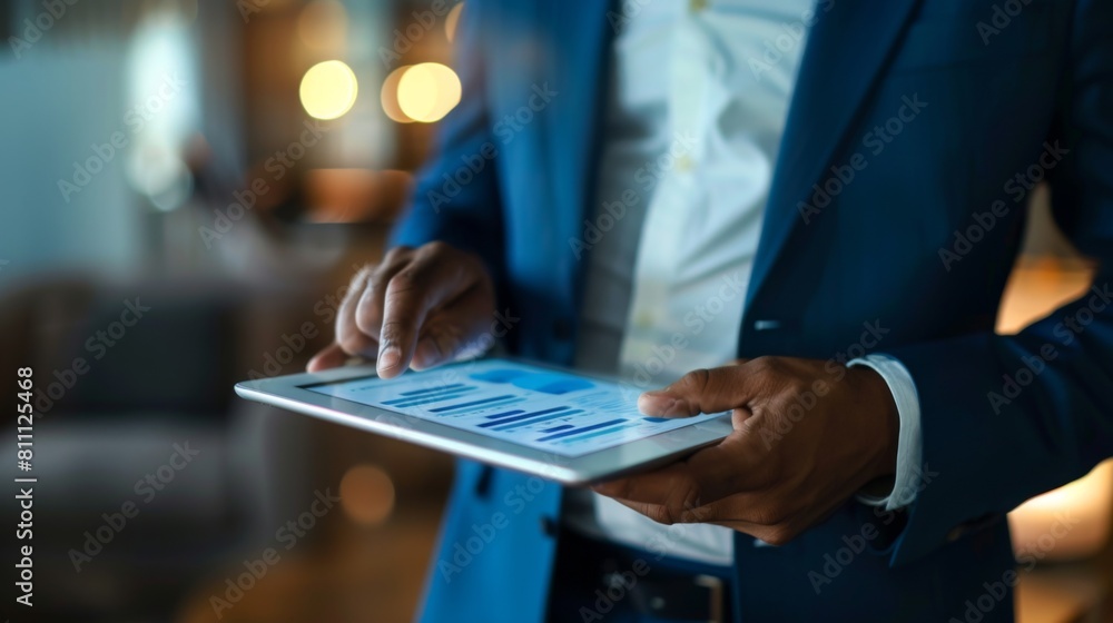 Poster a businessman analyzing financial data on a tablet device, with graphs and charts illustrating reven