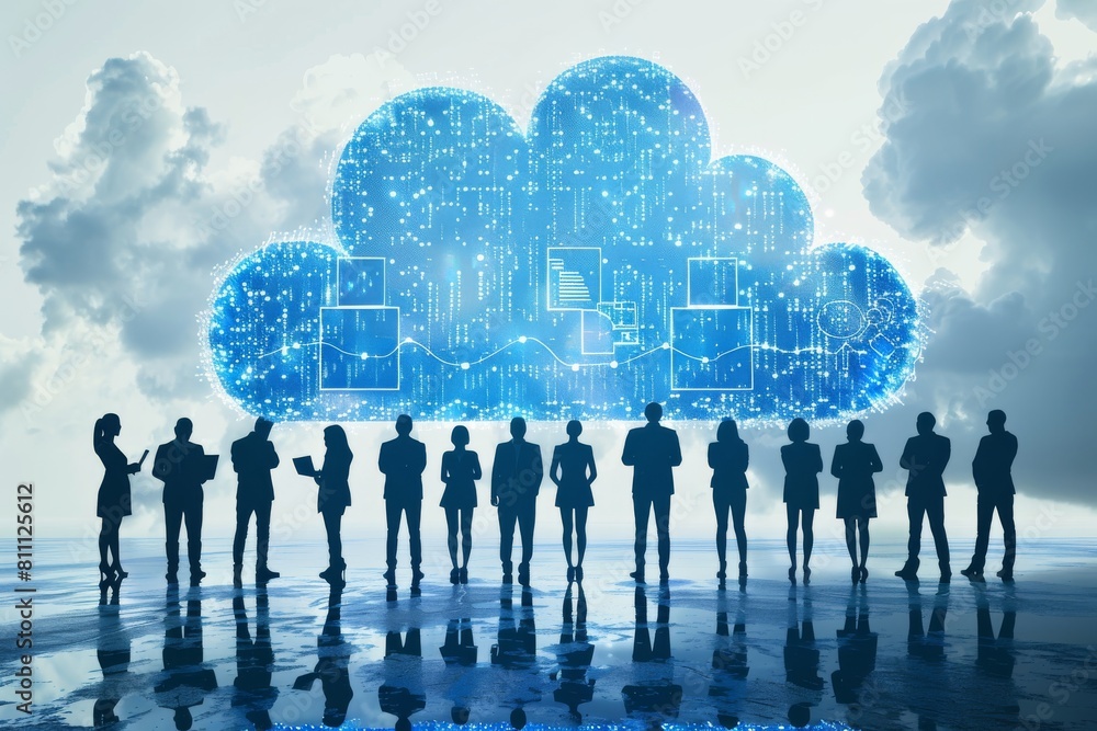 Poster strategic cloud connection boosts team performance in the virtual work environment, digital workspac