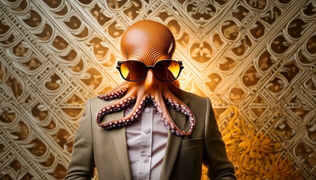 Portrait eines coolen Oktopus mit Sonnebrille im Business Anzug